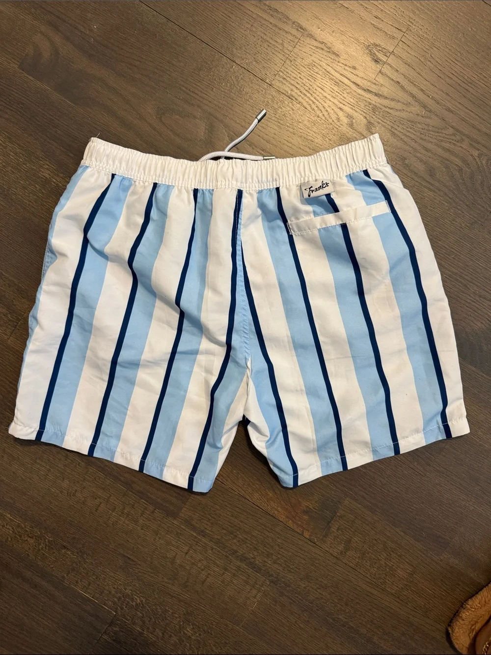 Franks Men's Light Blue and White Vertical Stripe Swim Trunks